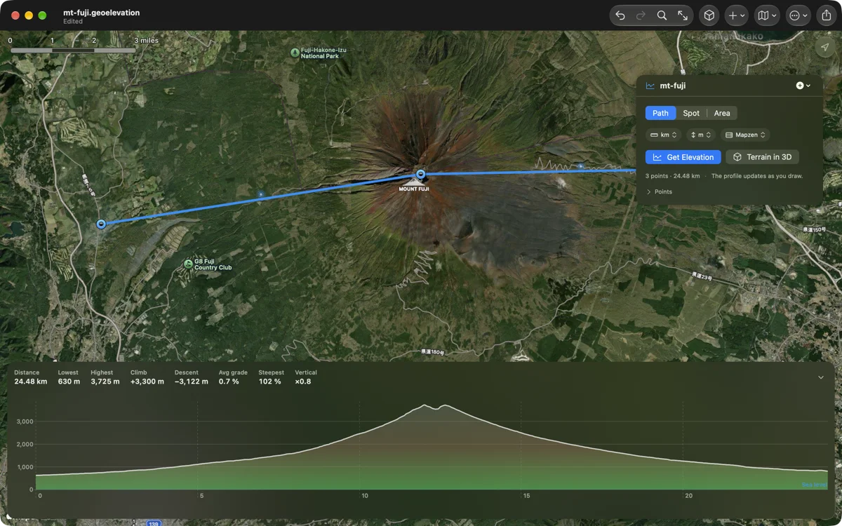 Geo Elevation on the Mac: a path across Mount Fuji on a satellite map with its elevation profile below
