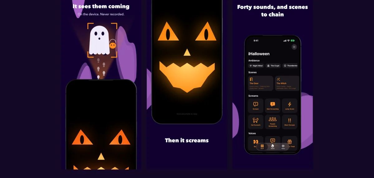 iHalloween: a small ghost in the camera’s view above a watching pumpkin, the pumpkin screaming, and the board of sounds