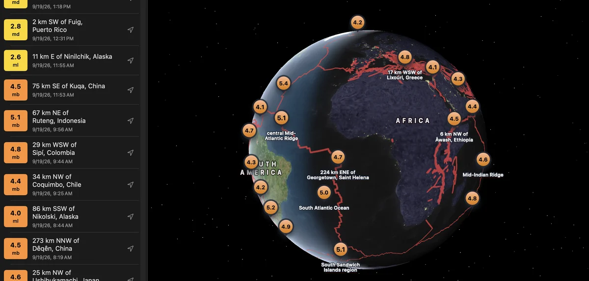 Seismica on the Mac: a globe with recent earthquakes as magnitude markers, active fault lines in red and the event list beside it