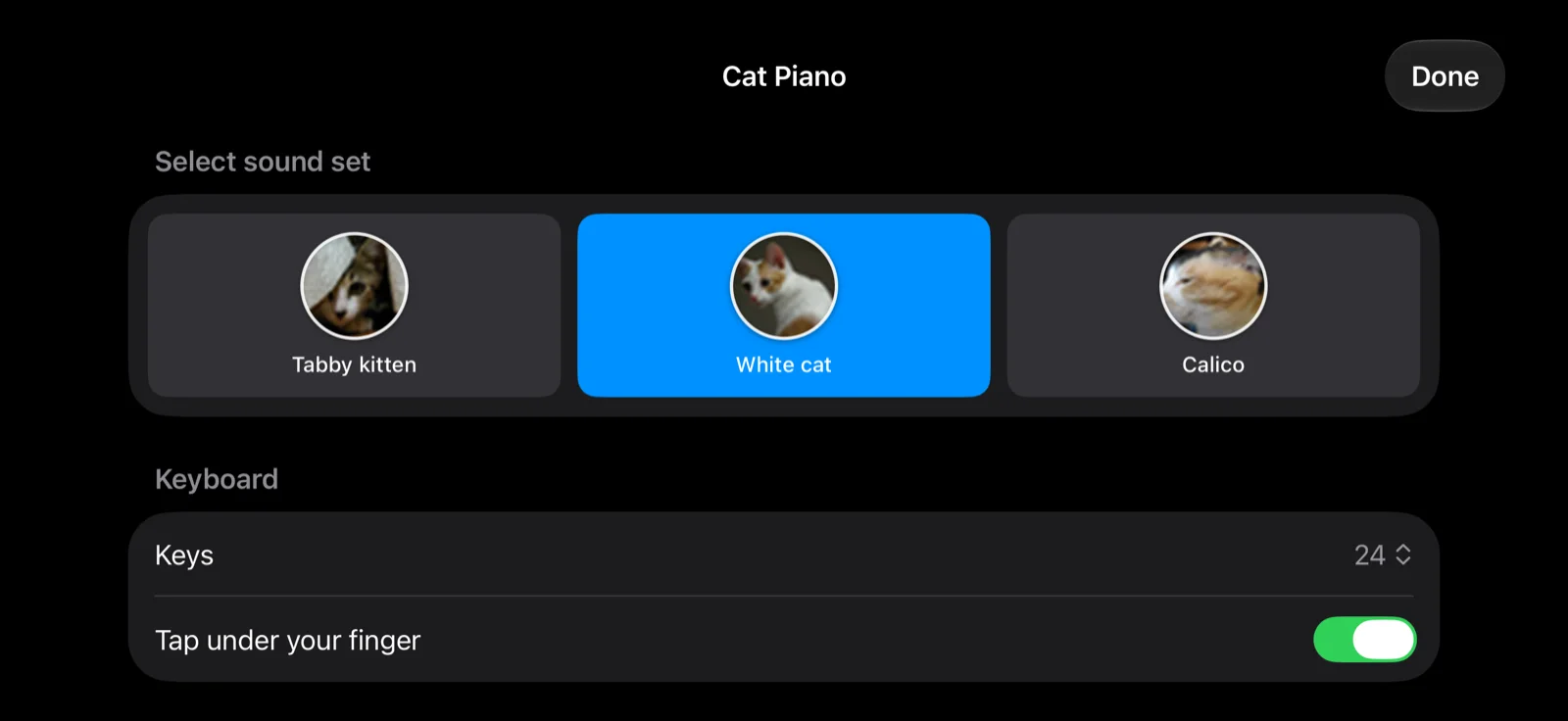 The flip side of Cat Piano on an iPhone held sideways: Select sound set with three cats, and Record a sound