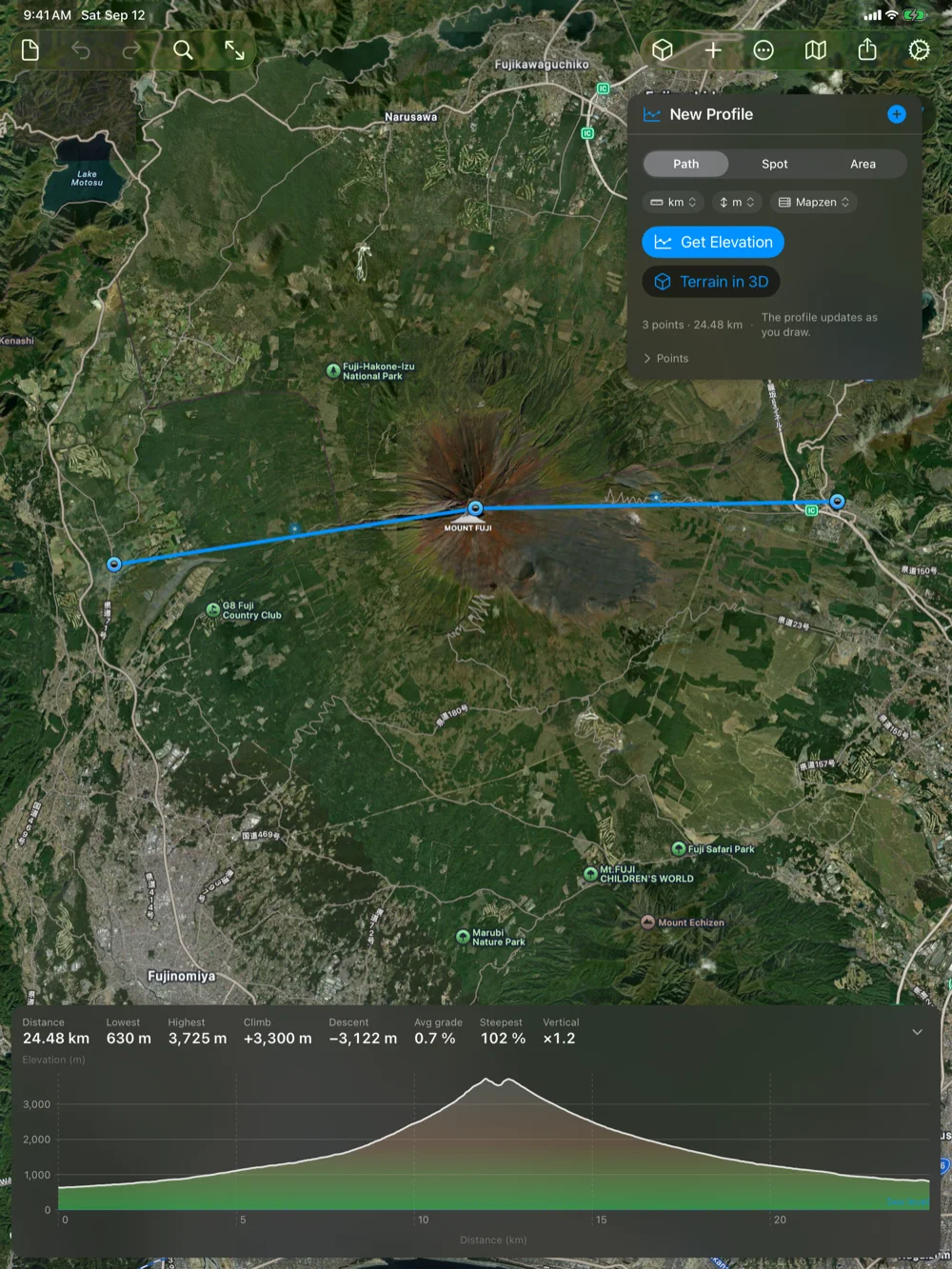 Geo Elevation on iPad: a path across Mount Fuji with its elevation profile