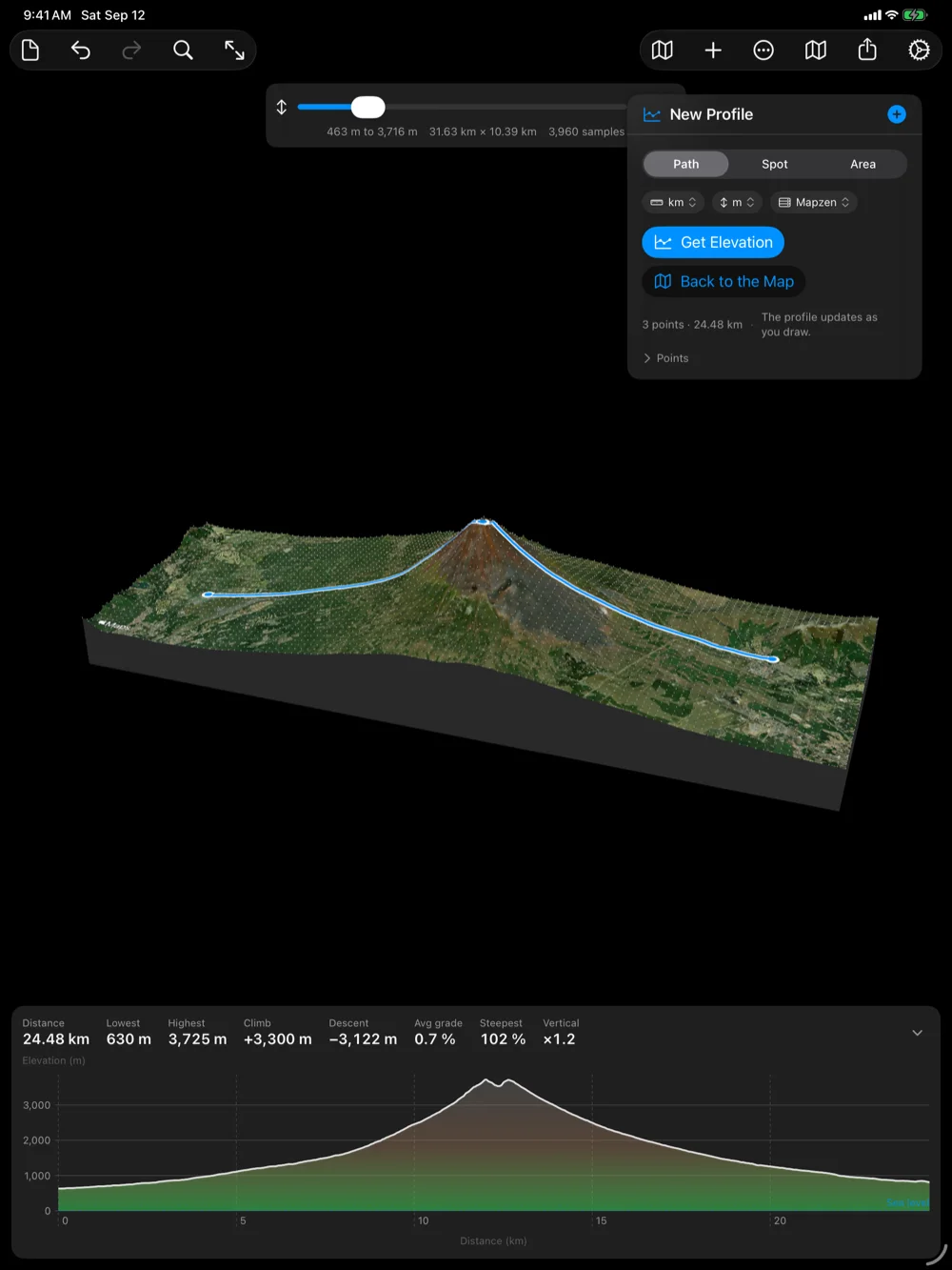 Geo Elevation on iPad: Mount Fuji as a 3D surface with the path over the summit