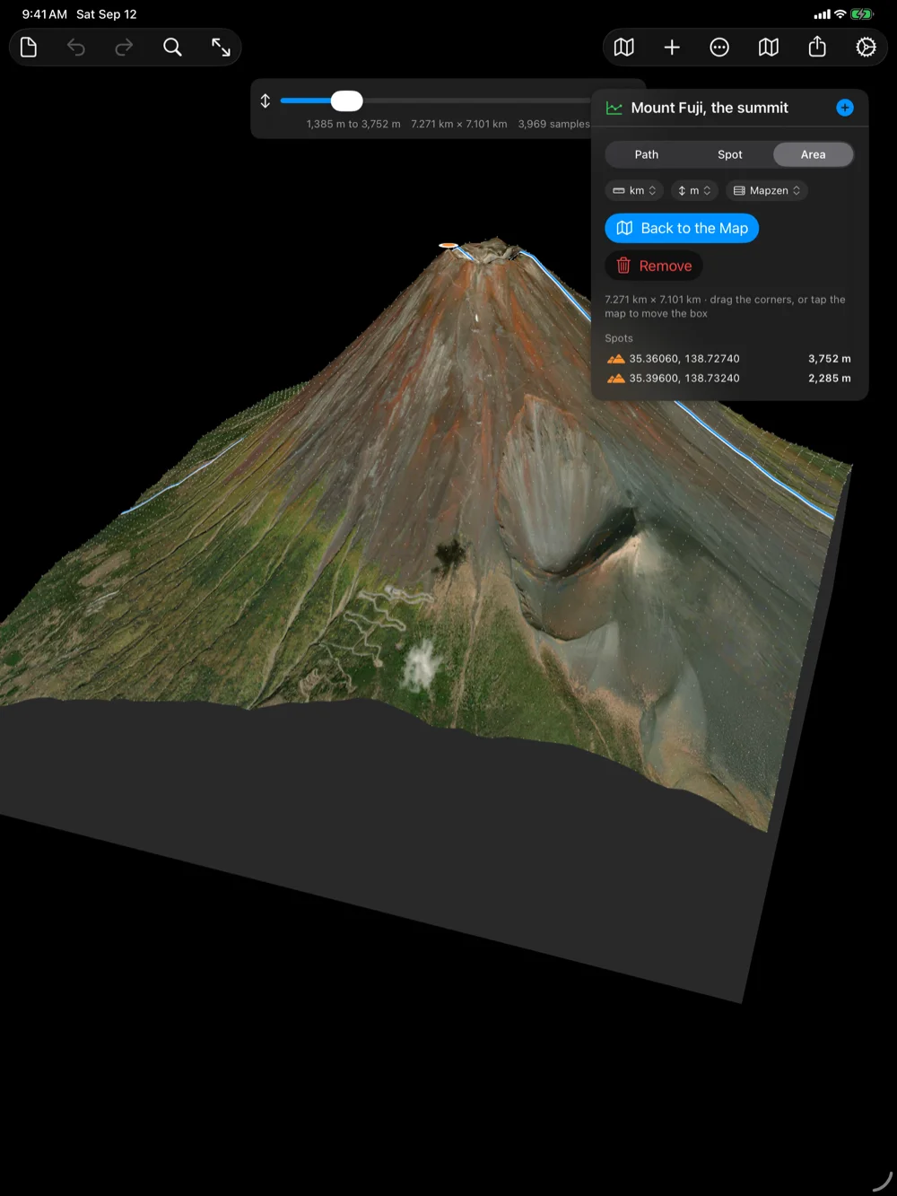 Geo Elevation on iPad: the summit of Mount Fuji as a 3D block