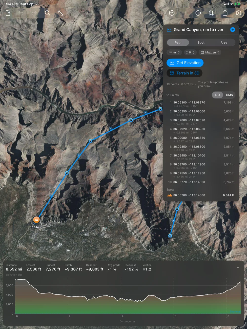 Geo Elevation on iPad: a Grand Canyon path with its points listed in feet