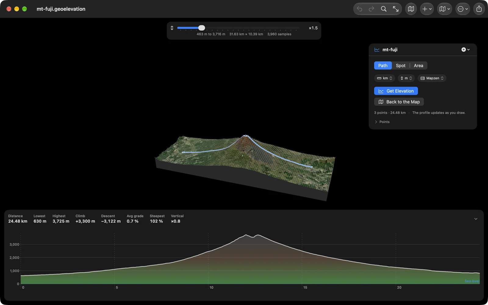 Mount Fuji as a 3D surface on the Mac, the satellite imagery draped over 3,960 samples with the blue path crossing the summit, at 1.5 times vertical exaggeration