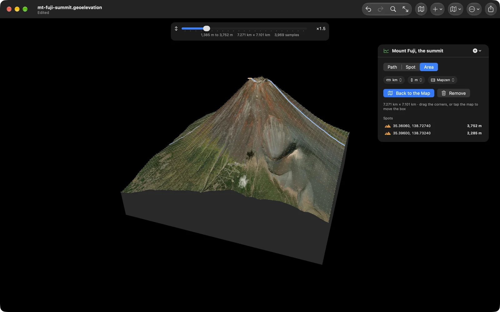 The summit of Mount Fuji as a 3D block on the Mac: a 7-kilometre box sampled at 3,969 points, the crater and the path over the rim on a satellite surface