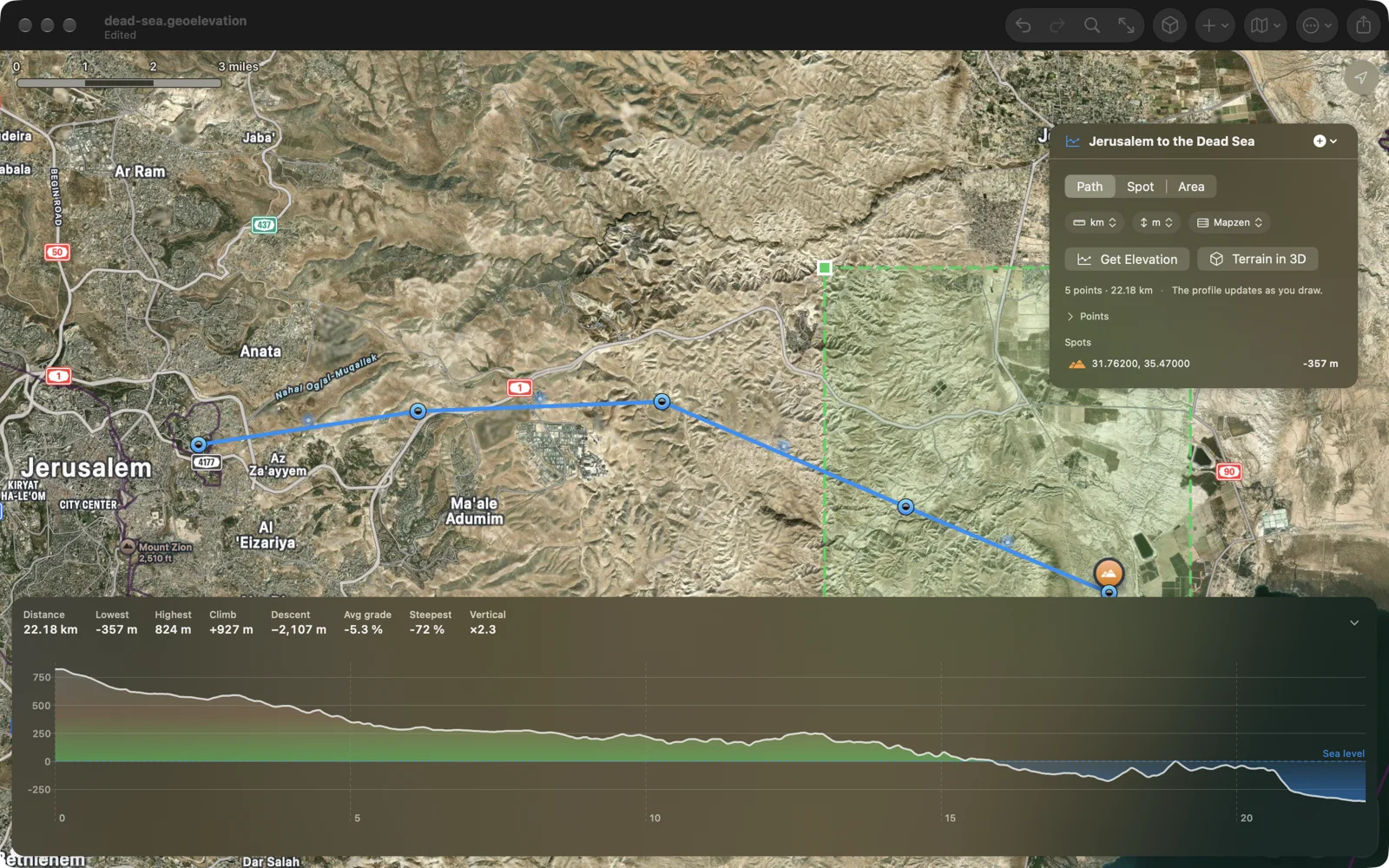 Jerusalem to the Dead Sea on the Mac: a five-point path on a satellite map and a chart falling from 824 metres to 357 metres below sea level, the last kilometres drawn under a blue water line