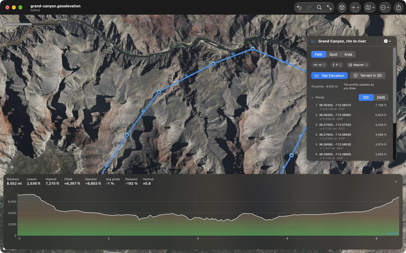 Grand Canyon, rim to river, on the Mac: a ten-point path down the canyon on a satellite map, the points listed with coordinates and heights in feet, and a profile from 7,270 to 2,536 feet over 8.5 miles