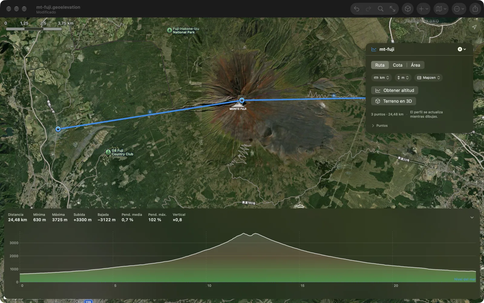Geo Elevation para Mac: una ruta de tres puntos a través del monte Fuji sobre un mapa satelital, con la gráfica debajo subiendo hasta 3.725 metros en 24,48 kilómetros, 3.300 metros de subida y 3.122 de bajada