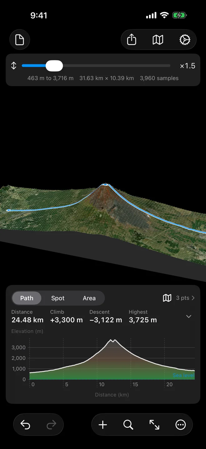 Geo Elevation on iPhone: Mount Fuji as a 3D surface with the path over the summit and the exaggeration slider at 1.5