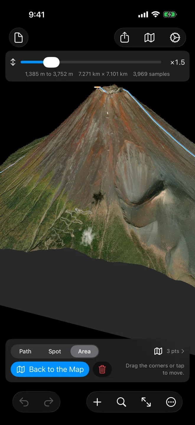 Geo Elevation on iPhone: the summit of Mount Fuji as a 3D block, the crater and the path over the rim