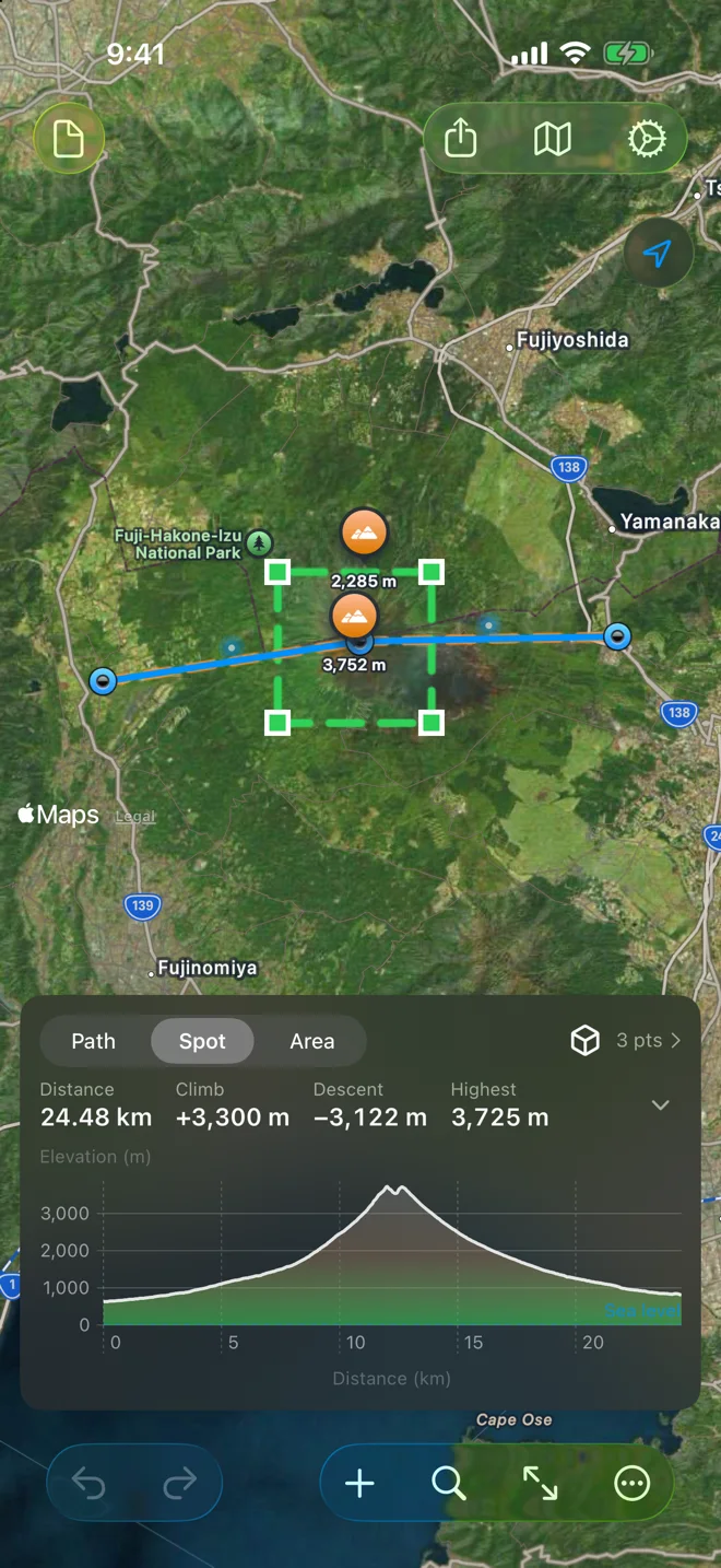 Geo Elevation on iPhone: two spot heights on Mount Fuji, 2,285 m and 3,752 m, inside a dashed area box