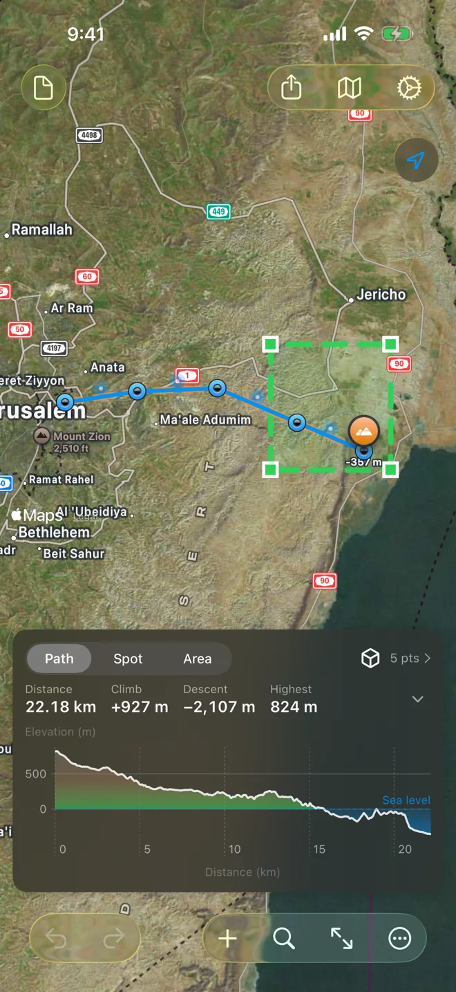 Geo Elevation on iPhone: Jerusalem to the Dead Sea, the chart ending under a blue water line at 357 m below sea level