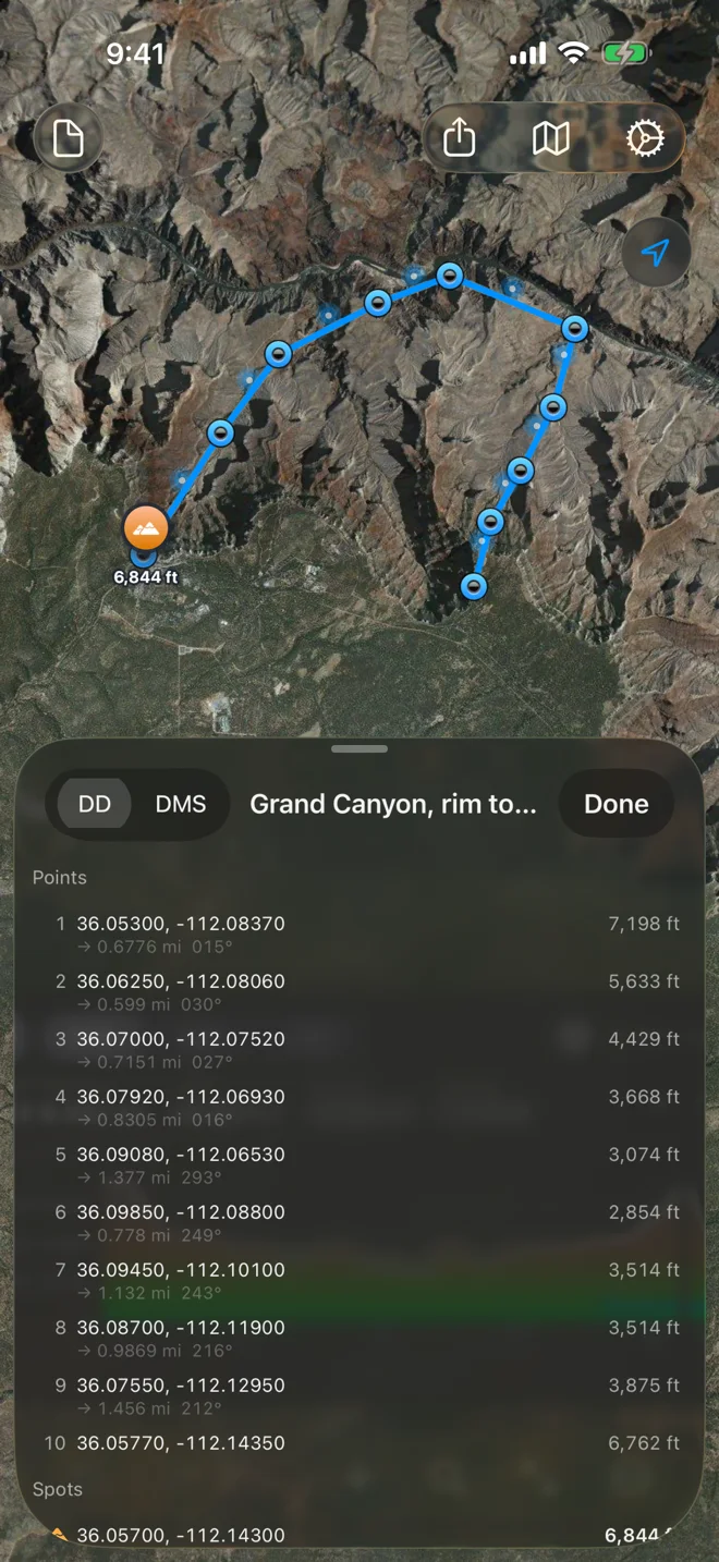 Geo Elevation on iPhone: the points list for a Grand Canyon path, coordinates and heights in feet