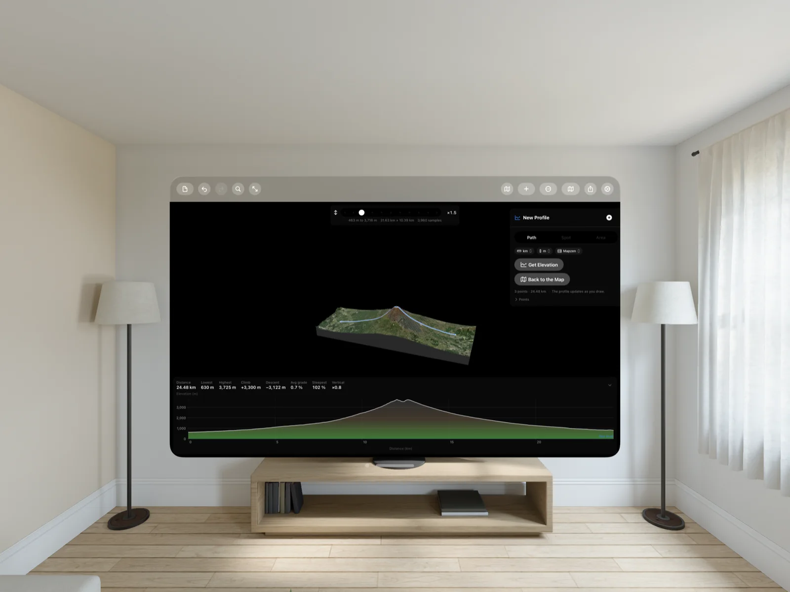 Geo Elevation on Apple Vision Pro: Mount Fuji as a 3D surface floating in the window