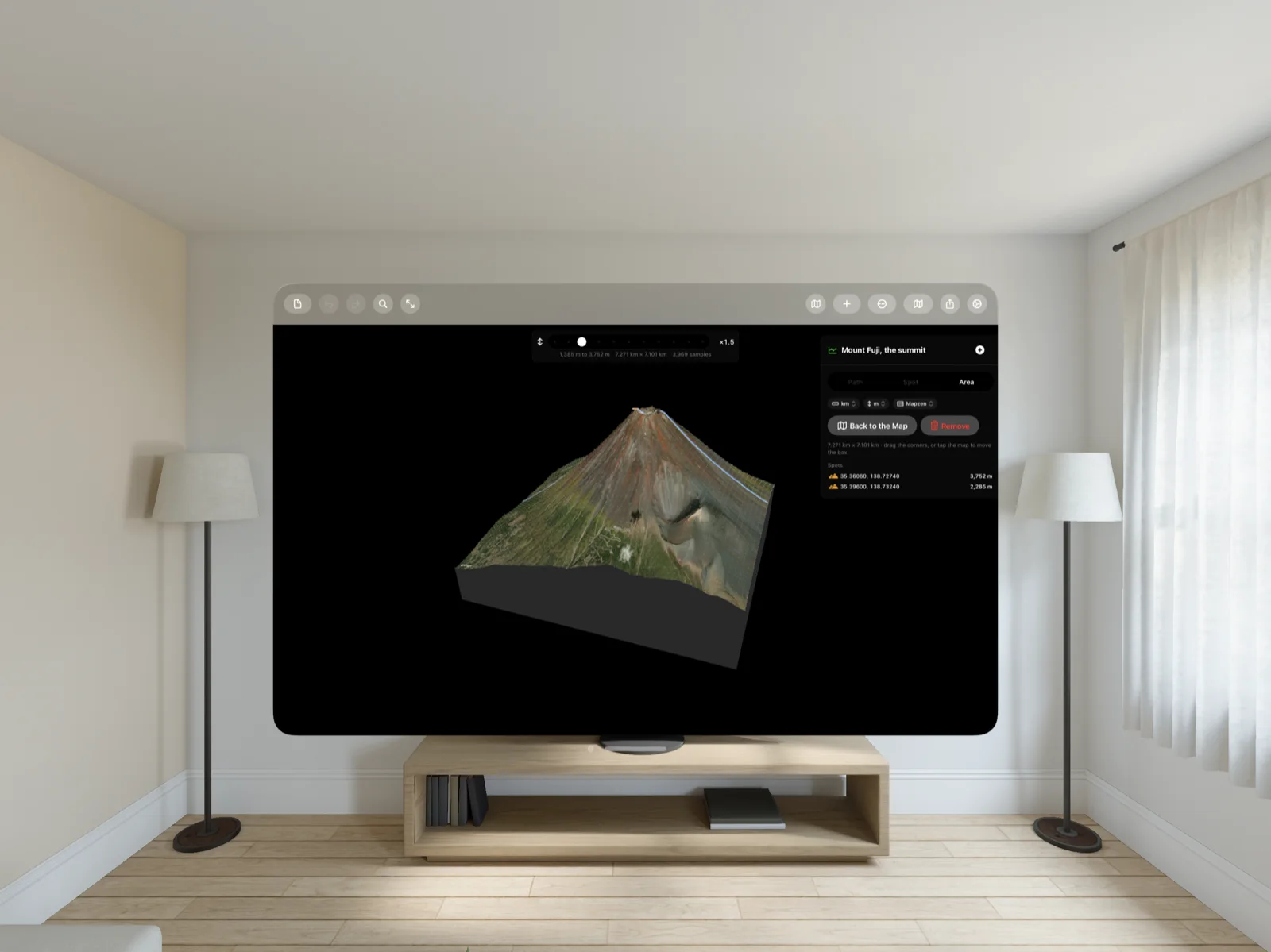 Geo Elevation on Apple Vision Pro: the summit of Mount Fuji as a 3D block