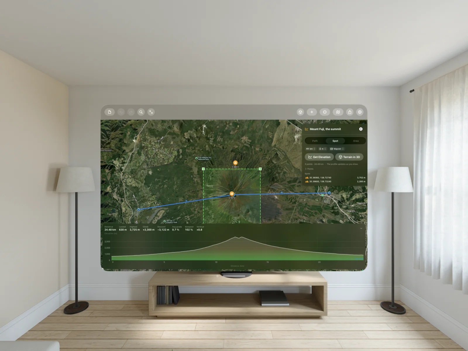 Geo Elevation on Apple Vision Pro: spot heights on Mount Fuji inside an area box