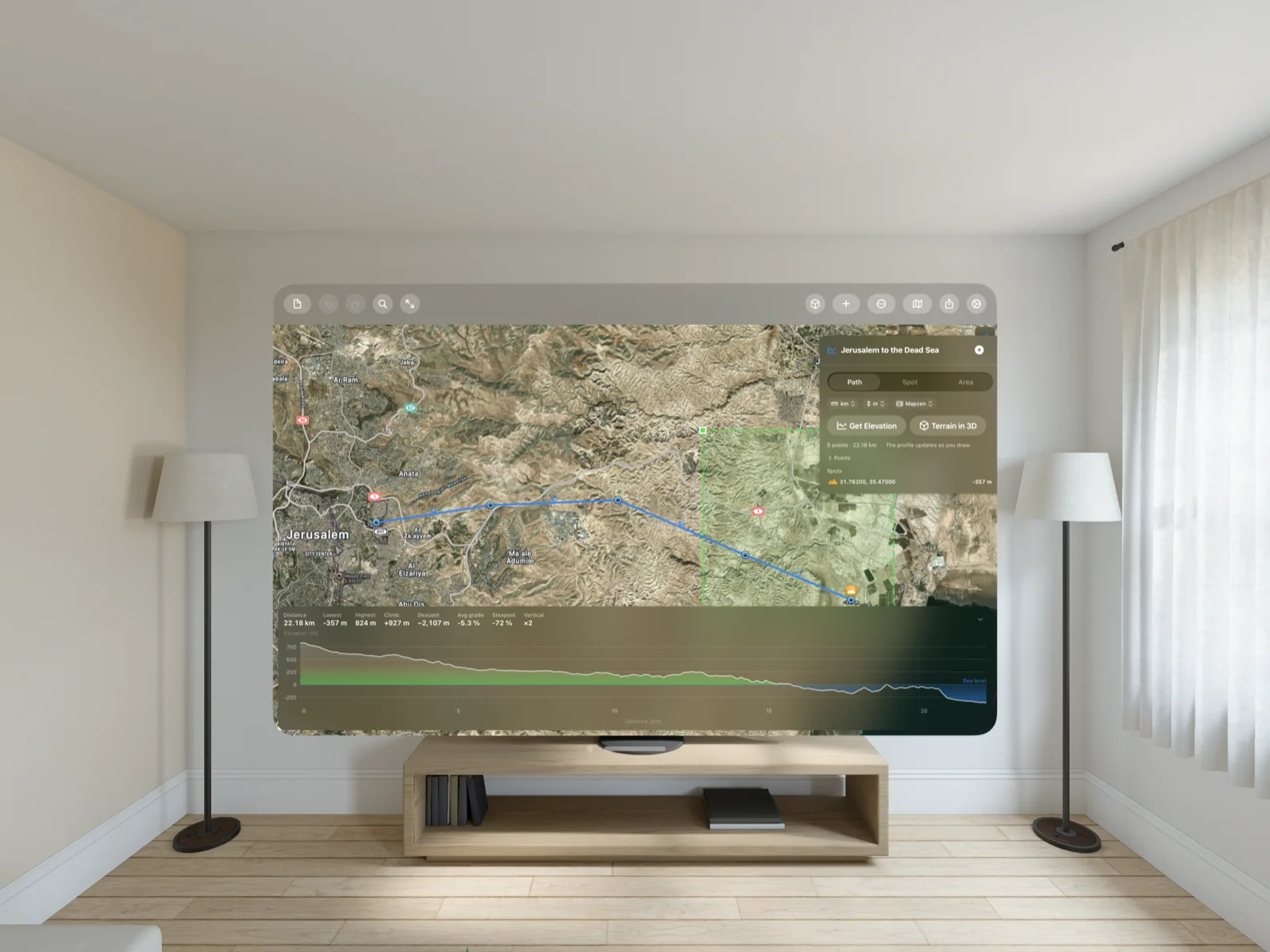 Geo Elevation on Apple Vision Pro: Jerusalem to the Dead Sea with the chart under the water line