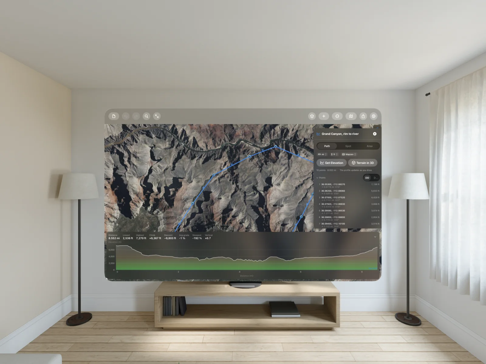 Geo Elevation on Apple Vision Pro: a Grand Canyon path with its points listed in feet