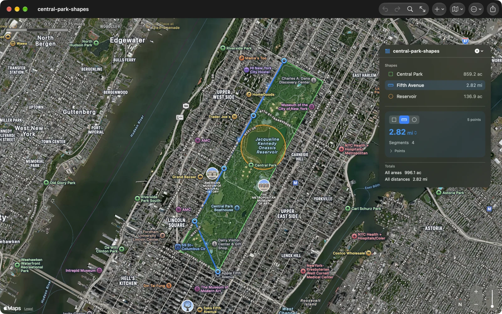 Geo Measure on the Mac with Fifth Avenue selected as a 2.82-mile distance in a Central Park document