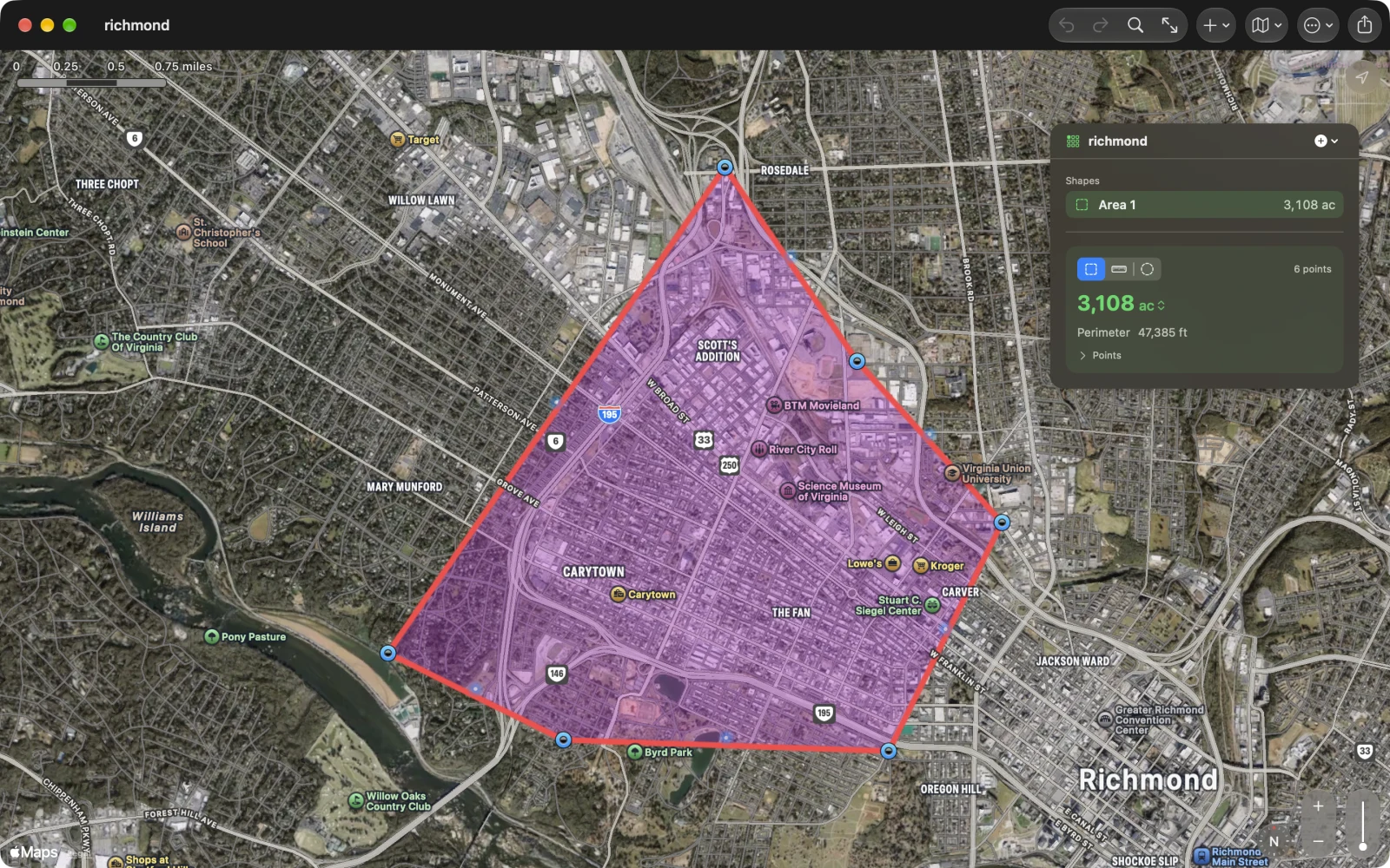 A six-point outline around Richmond, Virginia on a satellite map, with the panel showing 3,108 acres