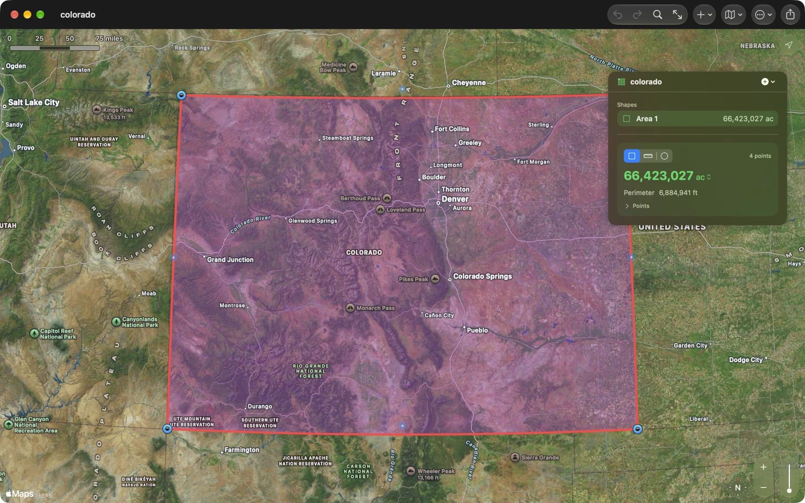The four corners of Colorado on a satellite map, 66,423,027 acres with a perimeter of 6,884,941 feet