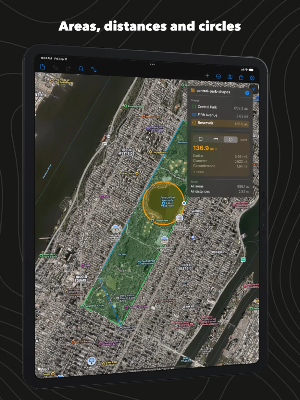 Geo Measure on iPad: Central Park, Fifth Avenue and the reservoir as three shapes in one document