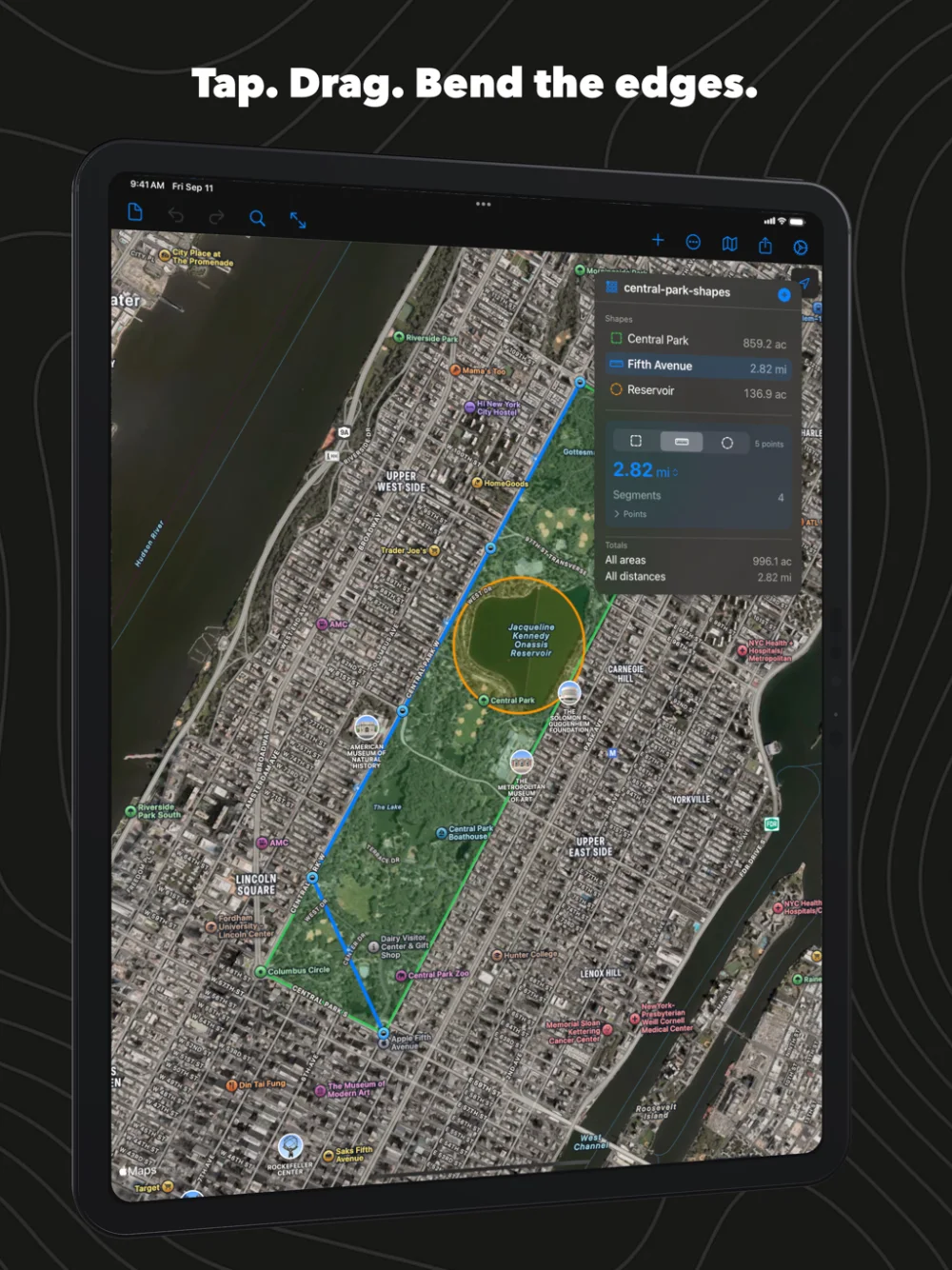 Geo Measure on iPad: Fifth Avenue selected as a 2.82-mile distance