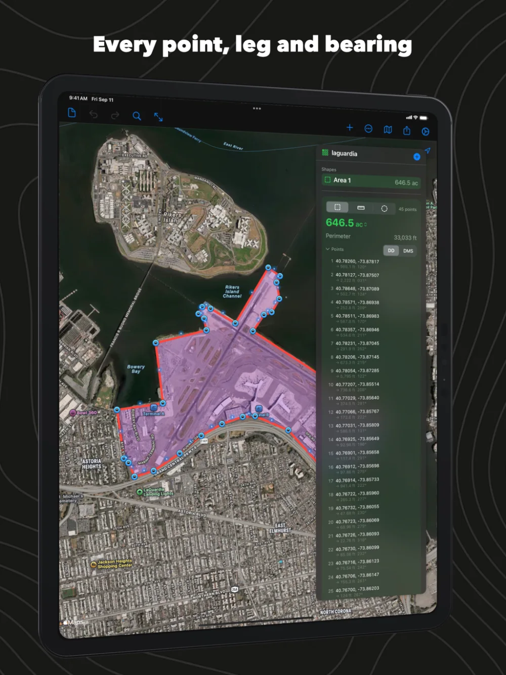 Geo Measure on iPad: the points list with coordinates, leg lengths and bearings