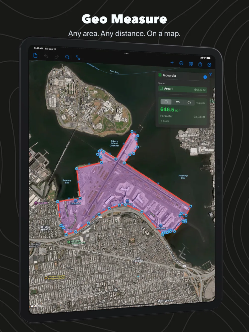 Geo Measure on iPad: LaGuardia Airport outlined on a satellite map with the panel showing 646.5 acres