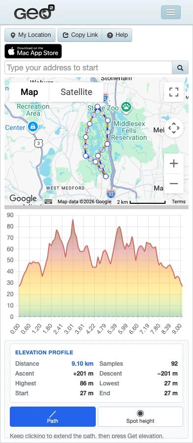 Geo Elevation on a phone: the map, the profile chart and the numbers