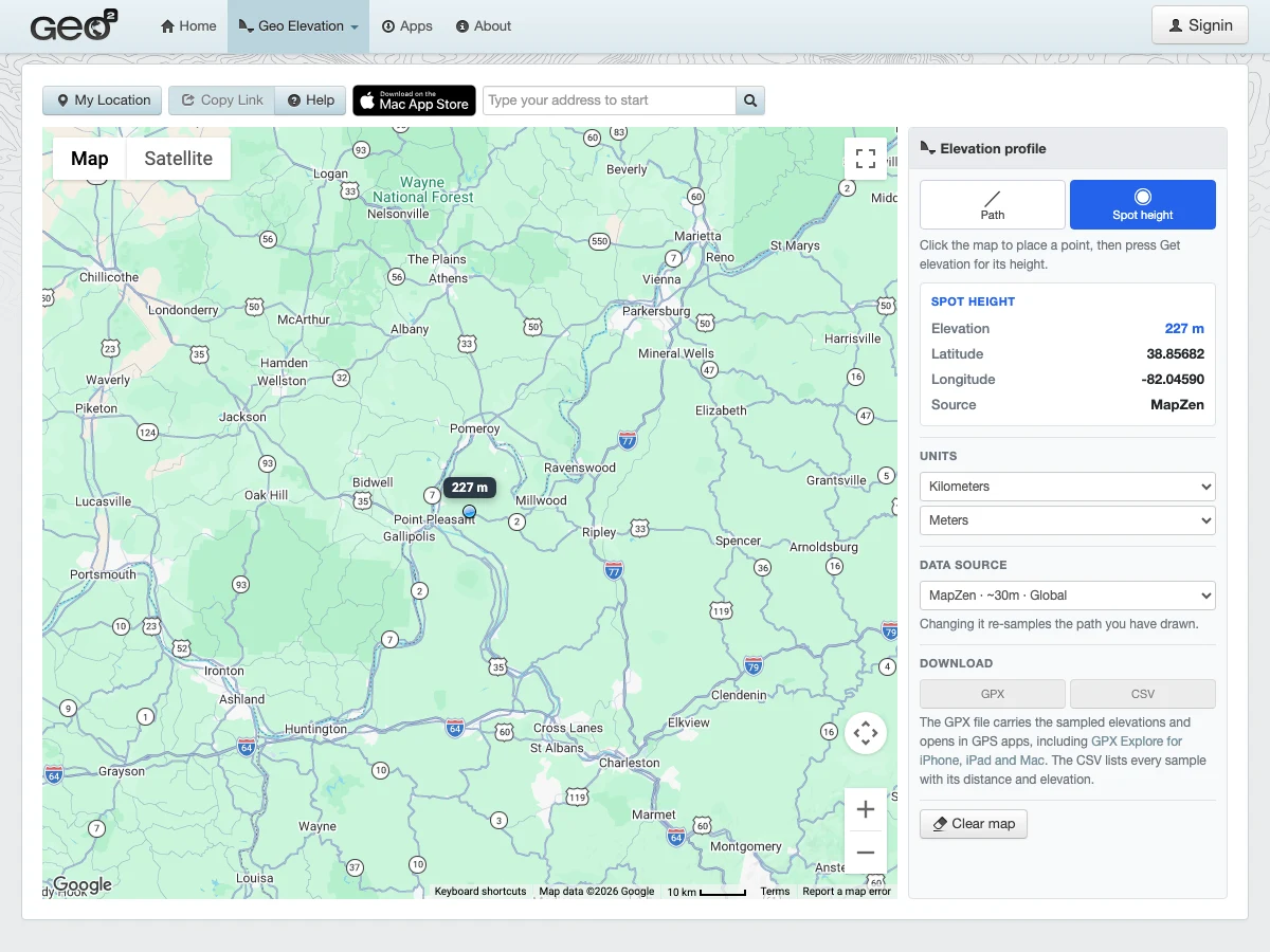 The spot height of a single point in Geo Elevation on the web