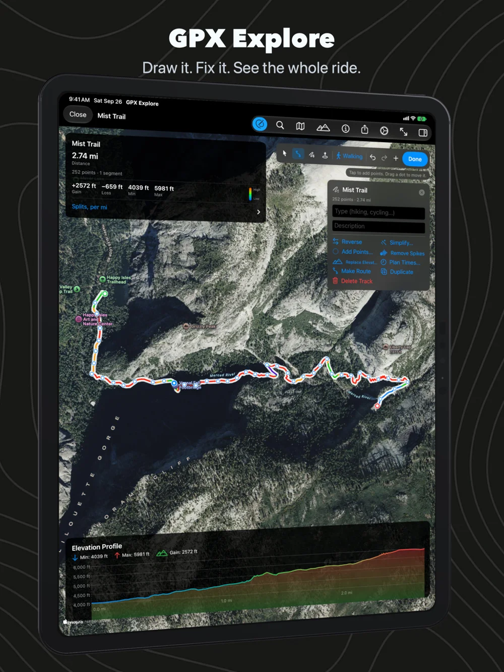 GPX Explore on iPad: the Mist Trail in Yosemite drawn from Happy Isles past Vernal Fall to Nevada Fall, coloured by grade, with the climb on the elevation profile