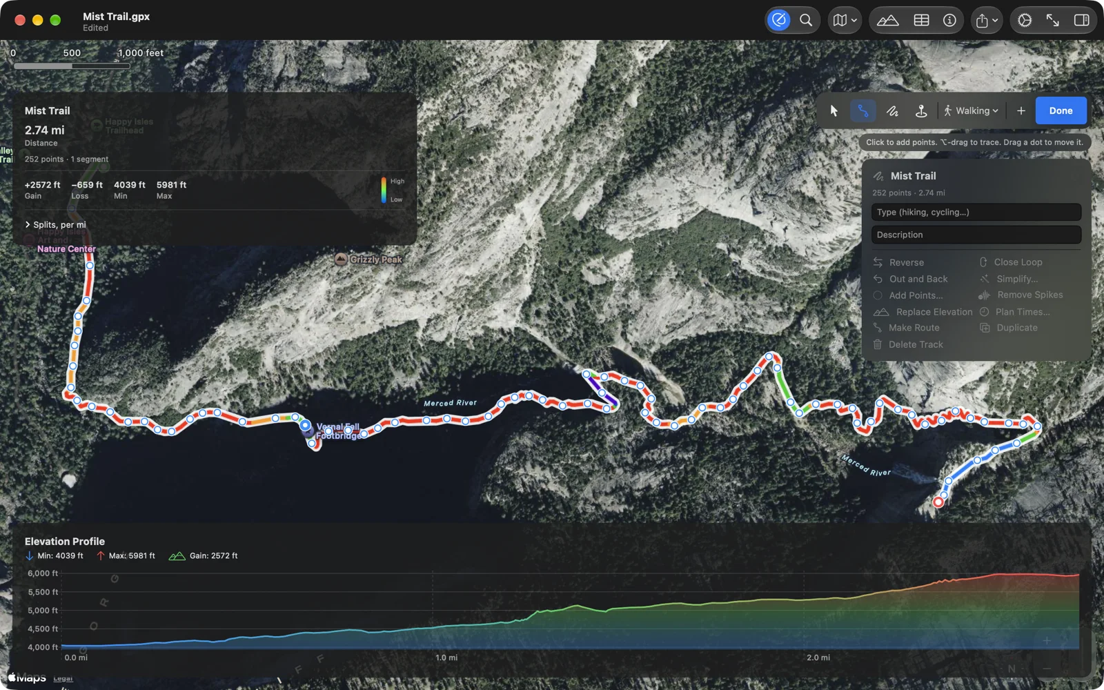 GPX Explore on the Mac: the Mist Trail in Yosemite drawn along its switchbacks from Happy Isles to Nevada Fall on the satellite map, with the elevation profile climbing to 6,000 ft