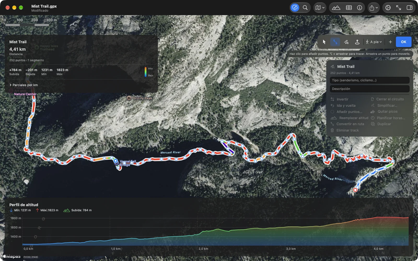 GPX Explore en el Mac: el Mist Trail en Yosemite dibujado por sus zigzags desde Happy Isles hasta Nevada Fall en el mapa satélite, con el perfil de altitud hasta 1.800 m