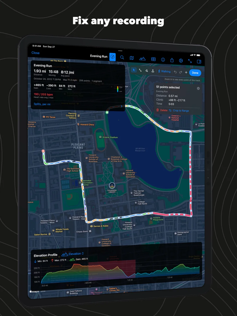 GPX Explore on iPad: a run with 51 points selected in pink on the map and on the chart, and a panel to delete them or crop the track to them