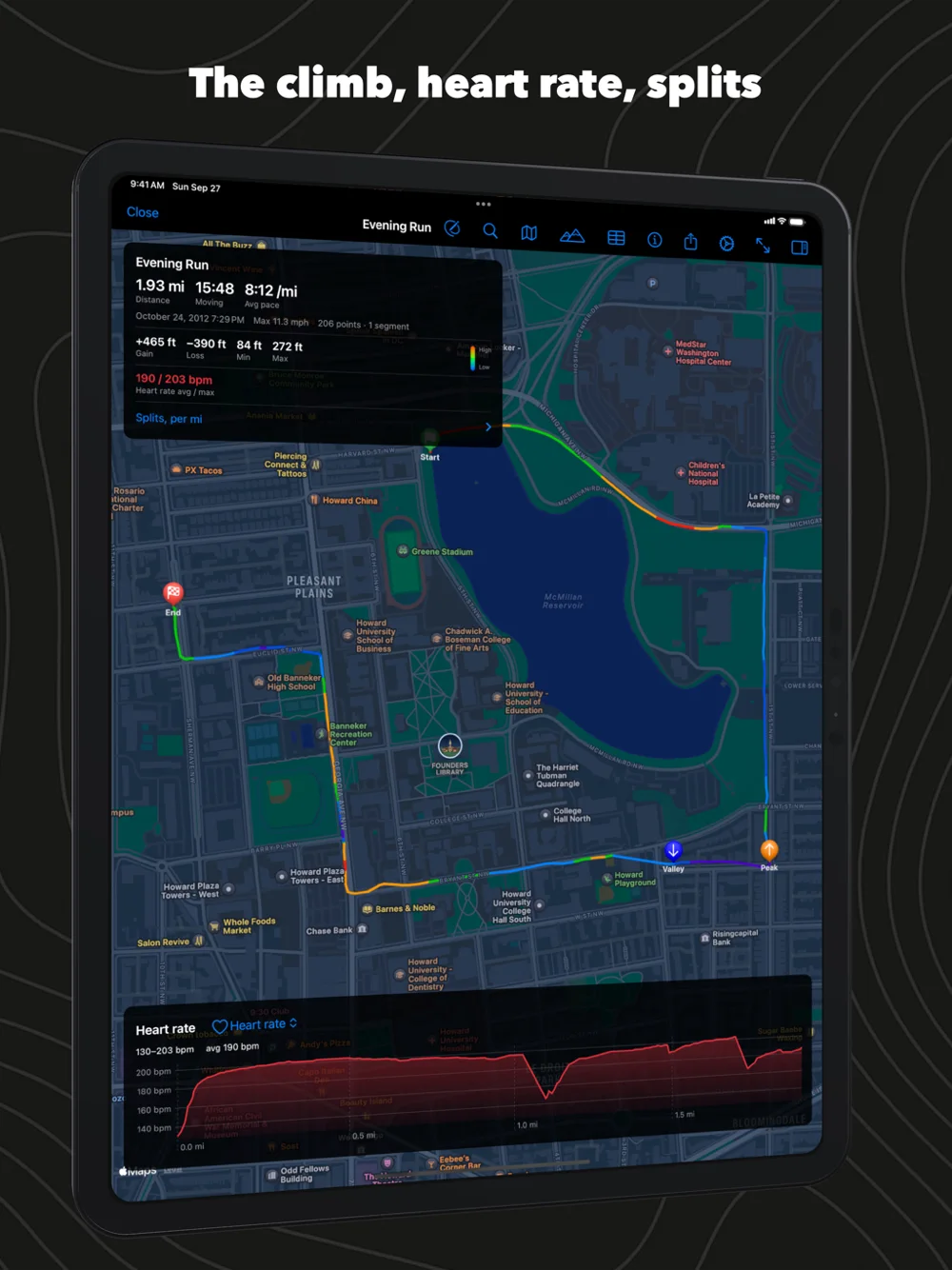 GPX Explore on iPad: an evening run around McMillan Reservoir with its route card and heart-rate chart
