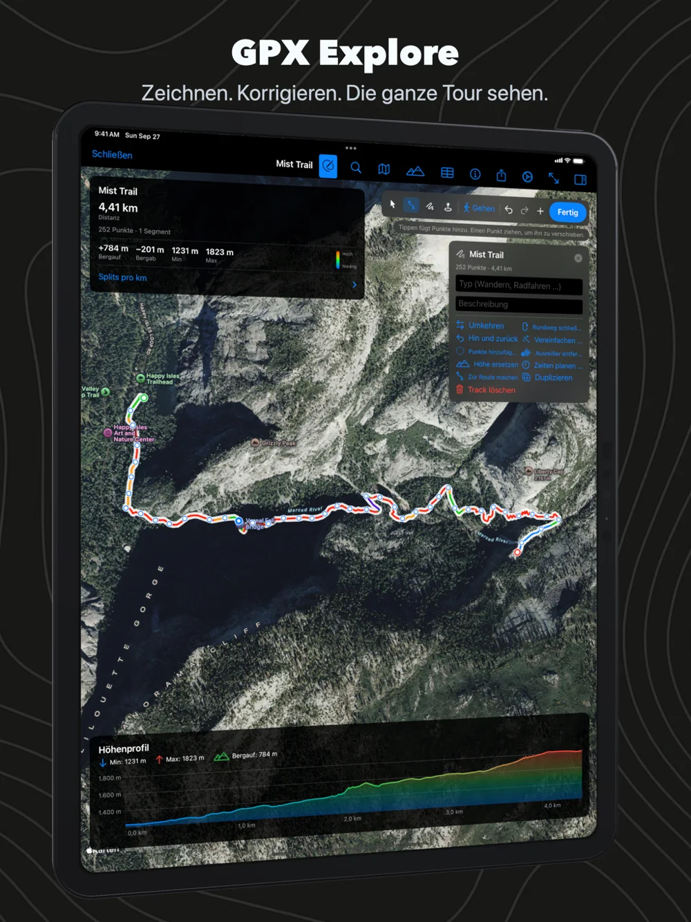 GPX Explore auf dem iPad: der Mist Trail im Yosemite, entlang des Wegs von Happy Isles am Vernal Fall vorbei zum Nevada Fall gezeichnet, nach Steigung gefärbt, mit dem Anstieg im Höhenprofil