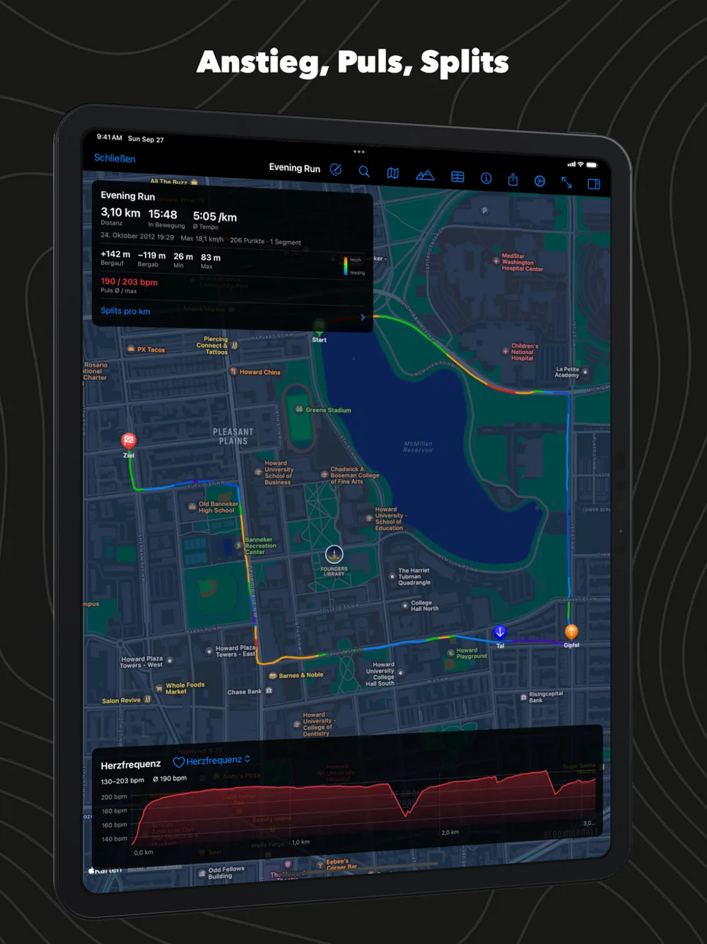 GPX Explore auf dem iPad: ein Abendlauf um das McMillan Reservoir mit Routenkarte und Herzfrequenz-Diagramm