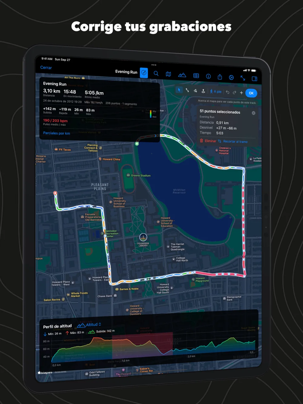 GPX Explore en iPad: 51 puntos de una carrera seleccionados en rosa en el mapa y en el gráfico, con el panel para borrarlos o recortar