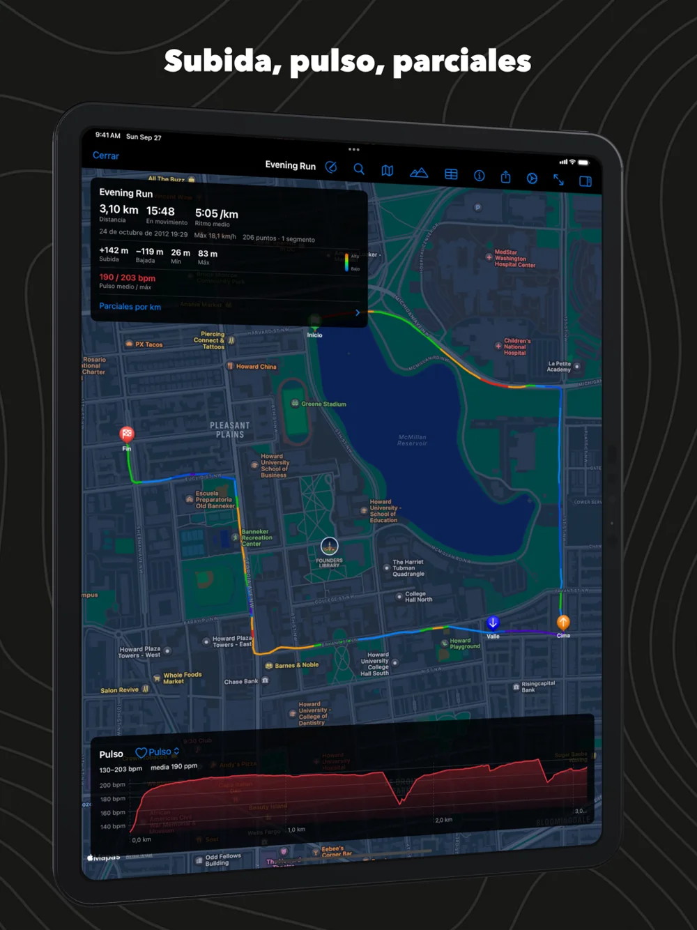 GPX Explore en el iPad: una carrera al atardecer alrededor del McMillan Reservoir con la ficha de ruta y la gráfica de pulso