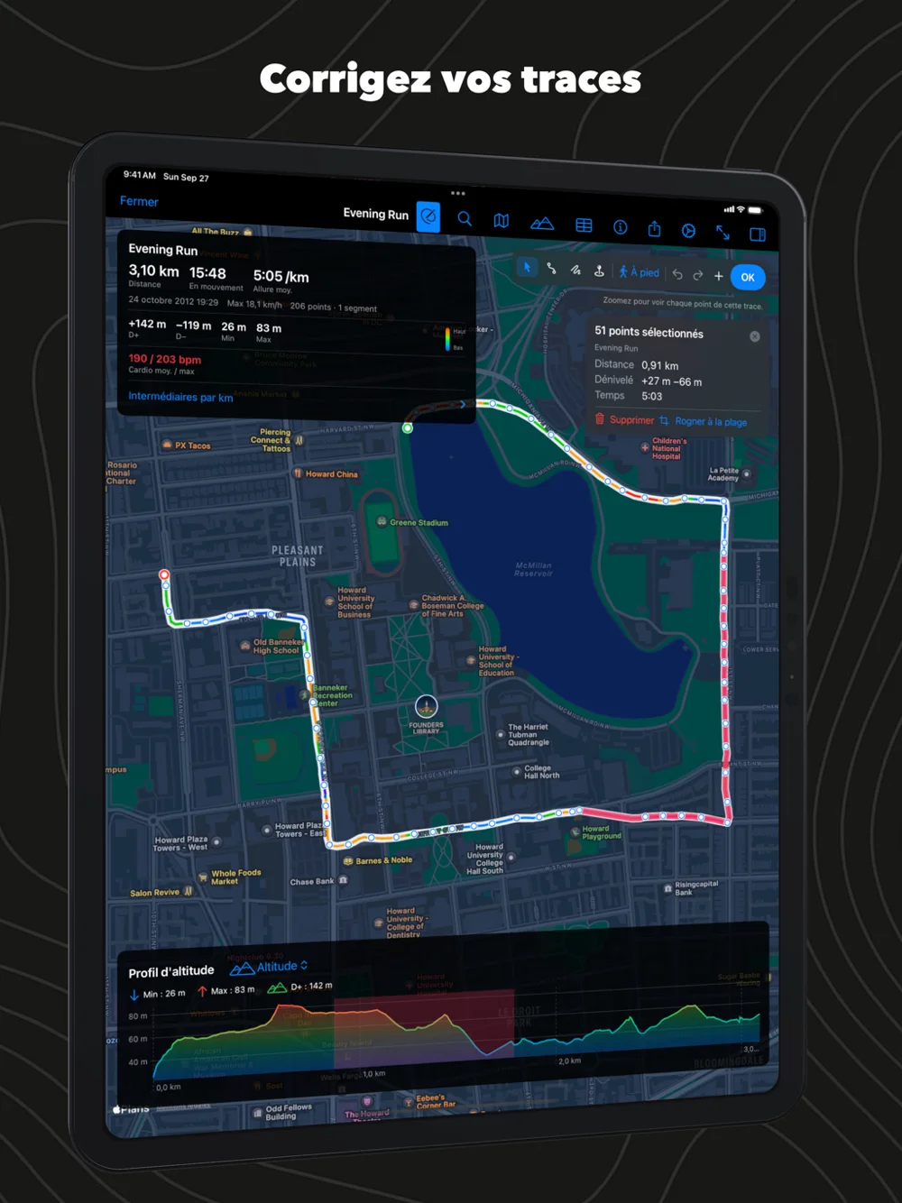 GPX Explore sur iPad : 51 points d’une course sélectionnés en rose sur la carte et le graphique, avec le panneau pour les supprimer ou rogner