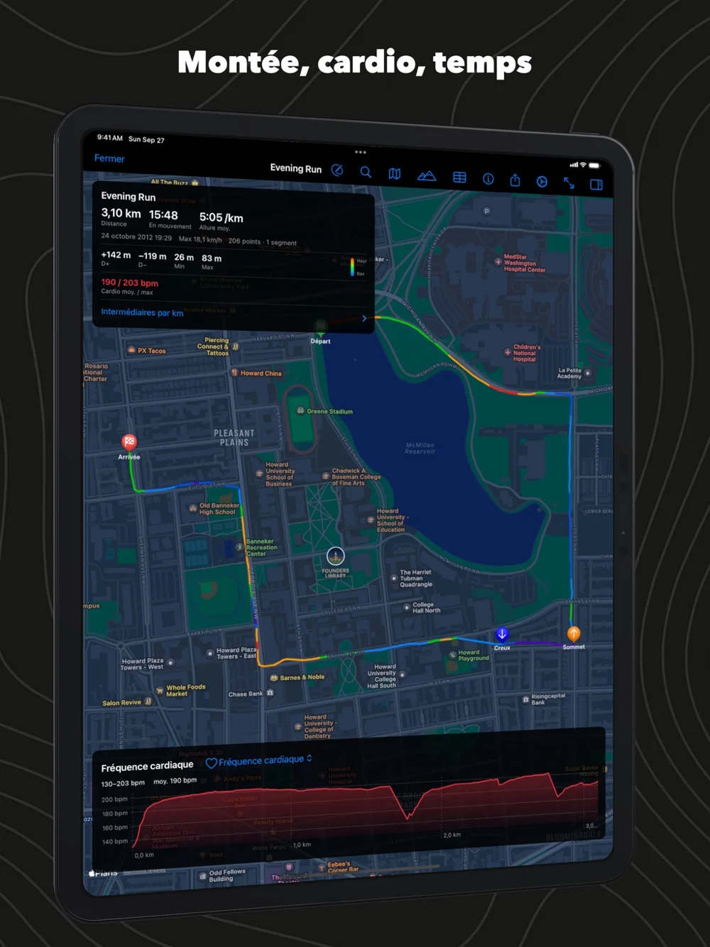 GPX Explore sur iPad : une course du soir autour du McMillan Reservoir avec la fiche de sortie et le graphique de fréquence cardiaque