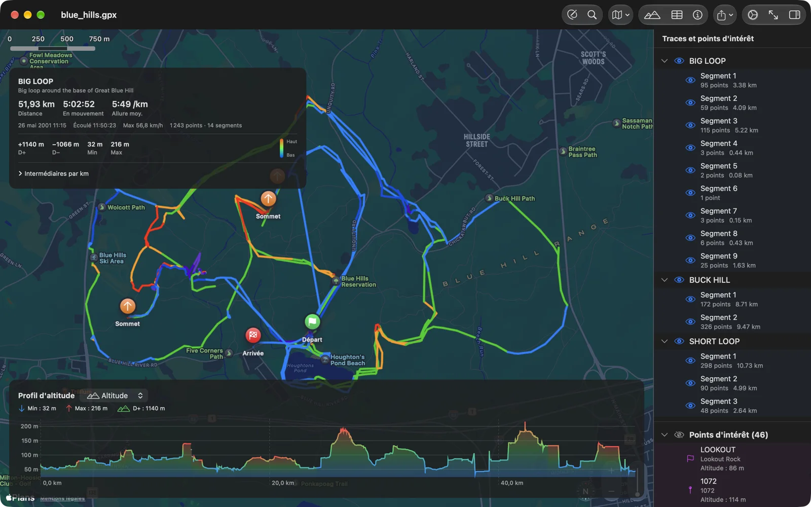 Le tiroir des traces et points d'intérêt sur le Mac, avec trois traces, leurs segments et quarante-six points