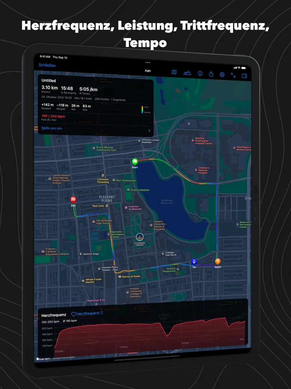 GPX Explore auf dem iPad: ein Lauf mit dem Herzfrequenz-Diagramm unter der Karte