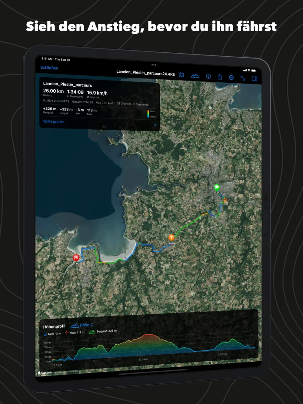 GPX Explore auf dem iPad: eine Küstentour auf der Satellitenkarte