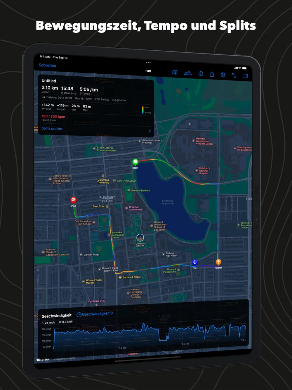 GPX Explore auf dem iPad: Bewegungszeit, Tempo und das Geschwindigkeits-Diagramm