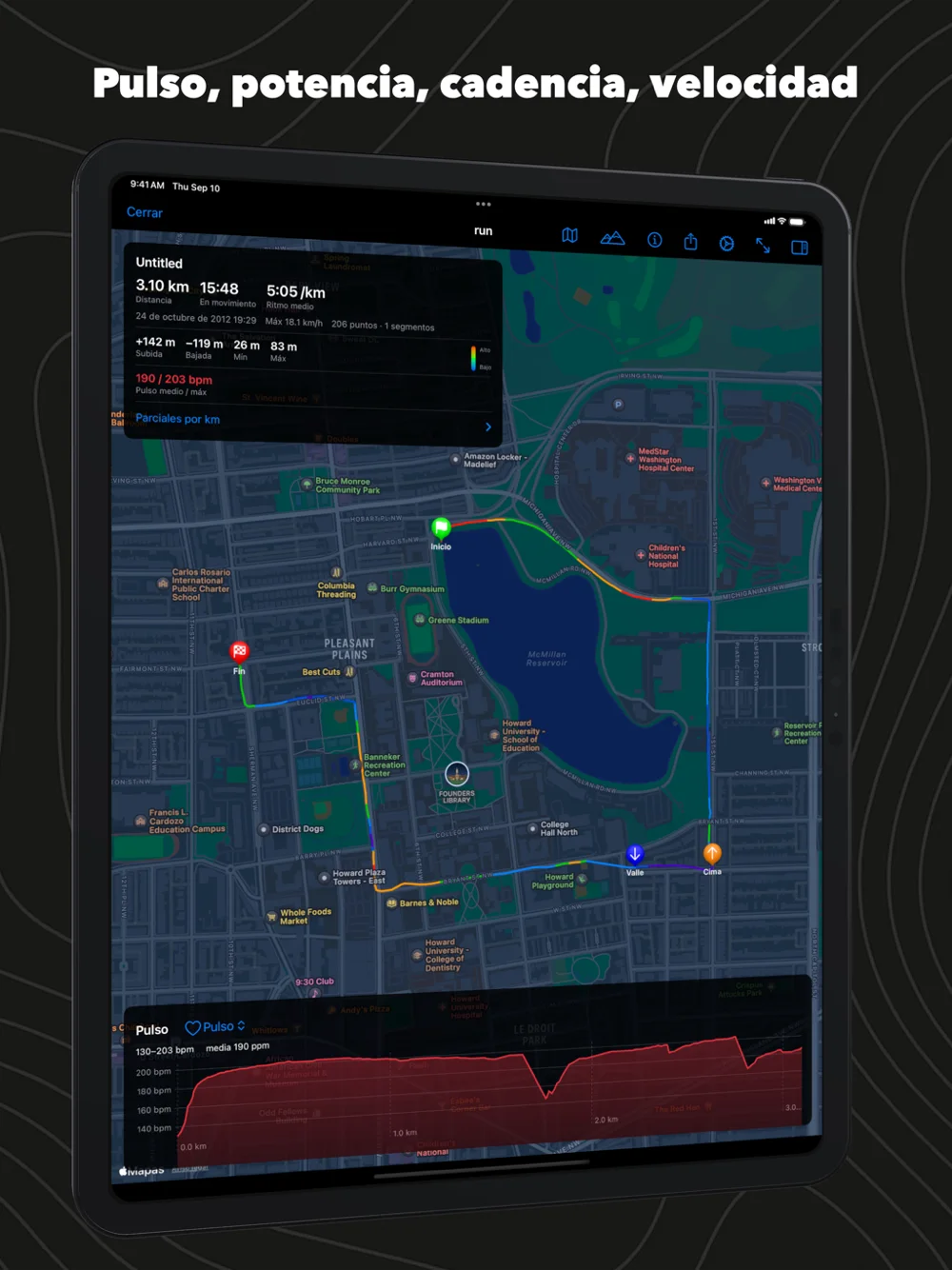 GPX Explore en el iPad: una carrera con la gráfica de pulso bajo el mapa
