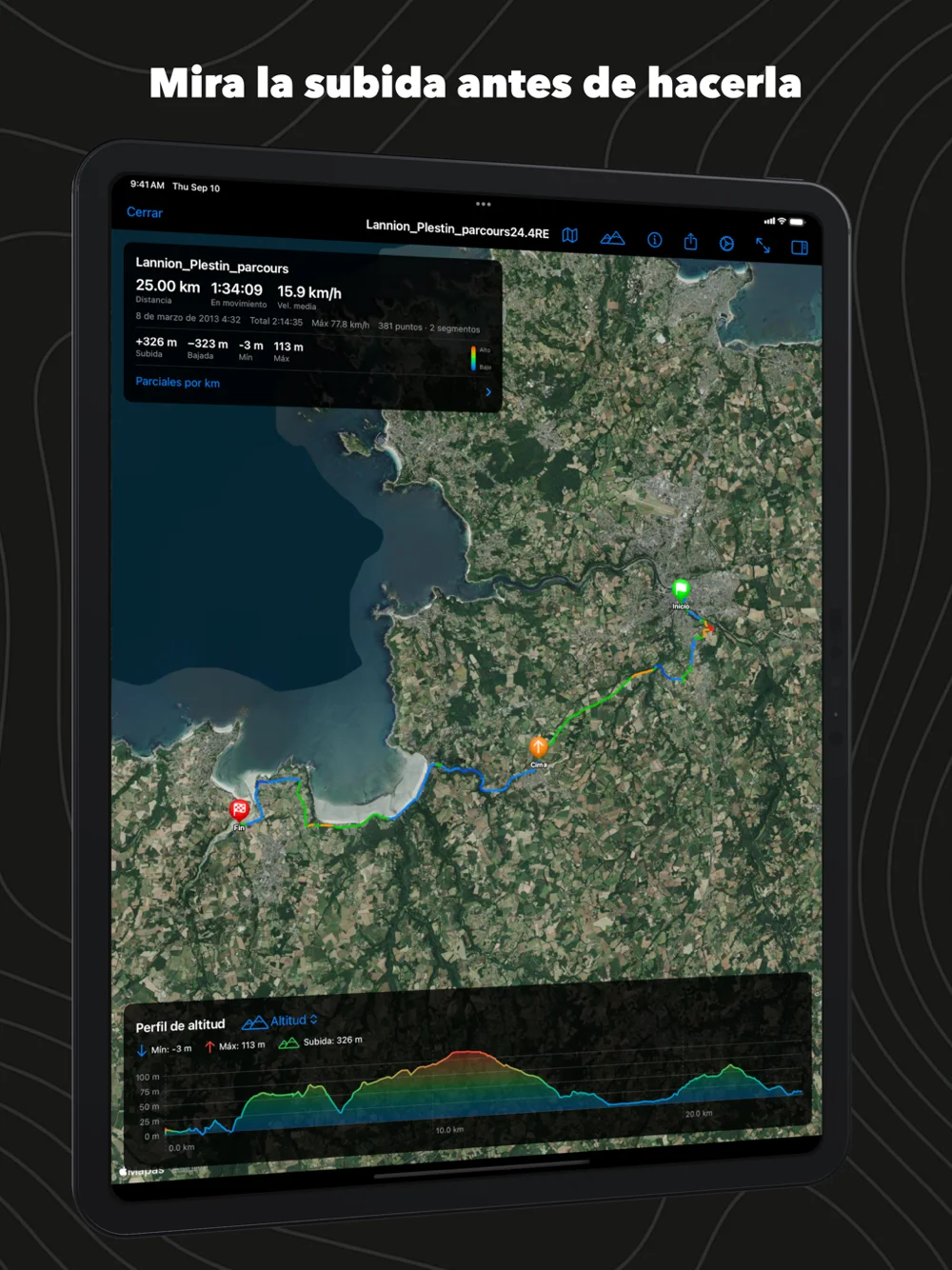 GPX Explore en el iPad: una ruta costera en el mapa satélite