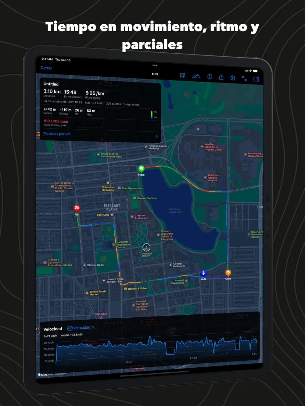 GPX Explore en el iPad: tiempo en movimiento, ritmo y la gráfica de velocidad
